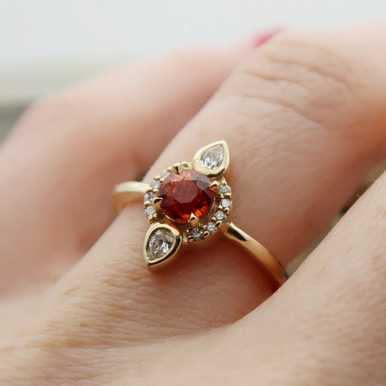 14k Yellow Engagement Ring with 0.65ct Orange Sapphire Halo and Accent Diamonds - Image 3