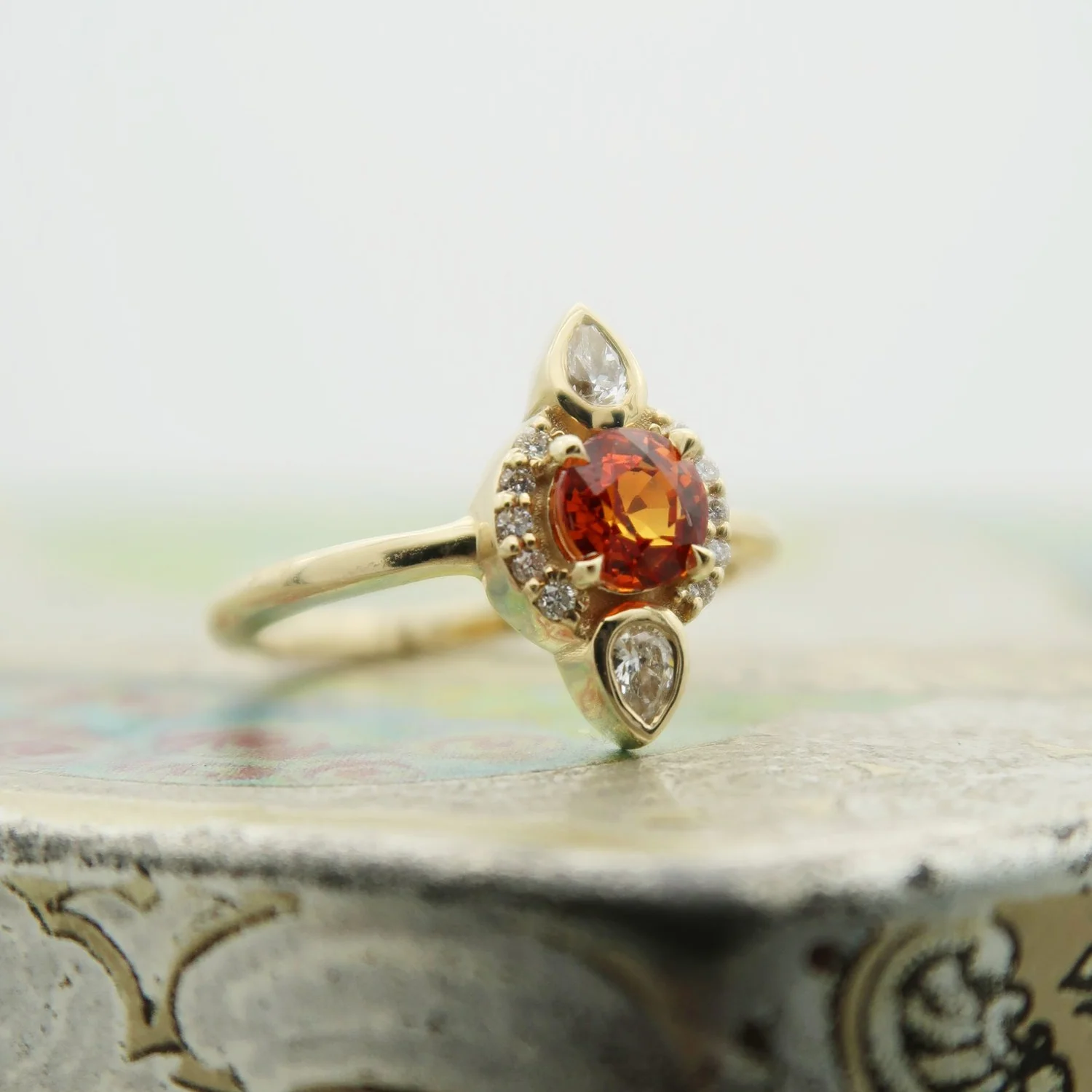 14k Yellow Engagement Ring with 0.65ct Orange Sapphire Halo and Accent Diamonds - Image 8