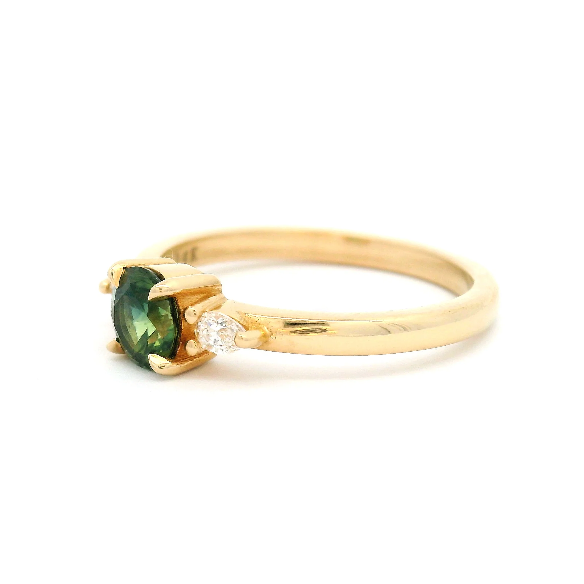 14k Yellow Teal-Green Sapphire Ring with Pear Accent Diamonds - Image 2