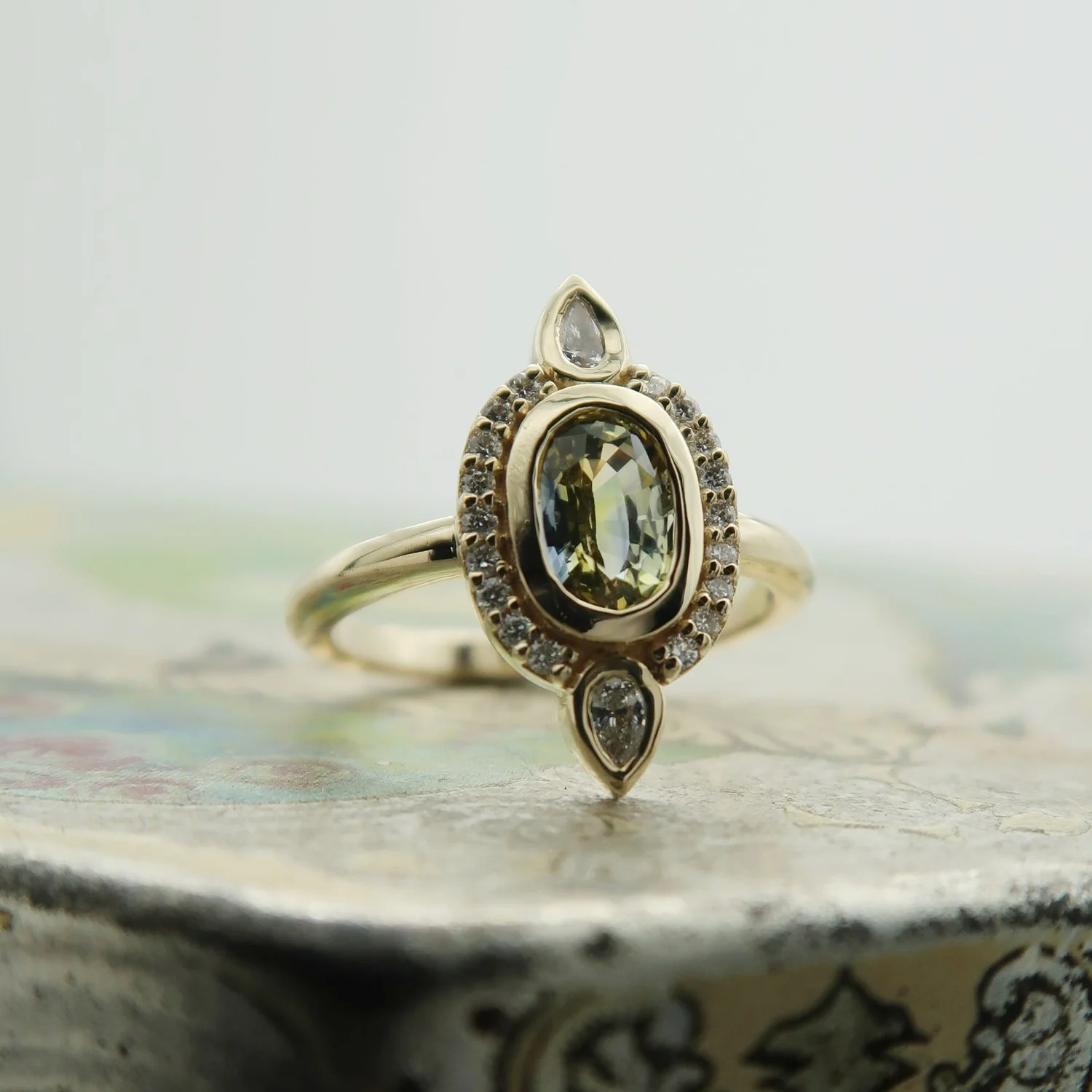 14k Yellow Engagement Ring with Oval Parti Sapphire and Accent Diamonds - Image 3