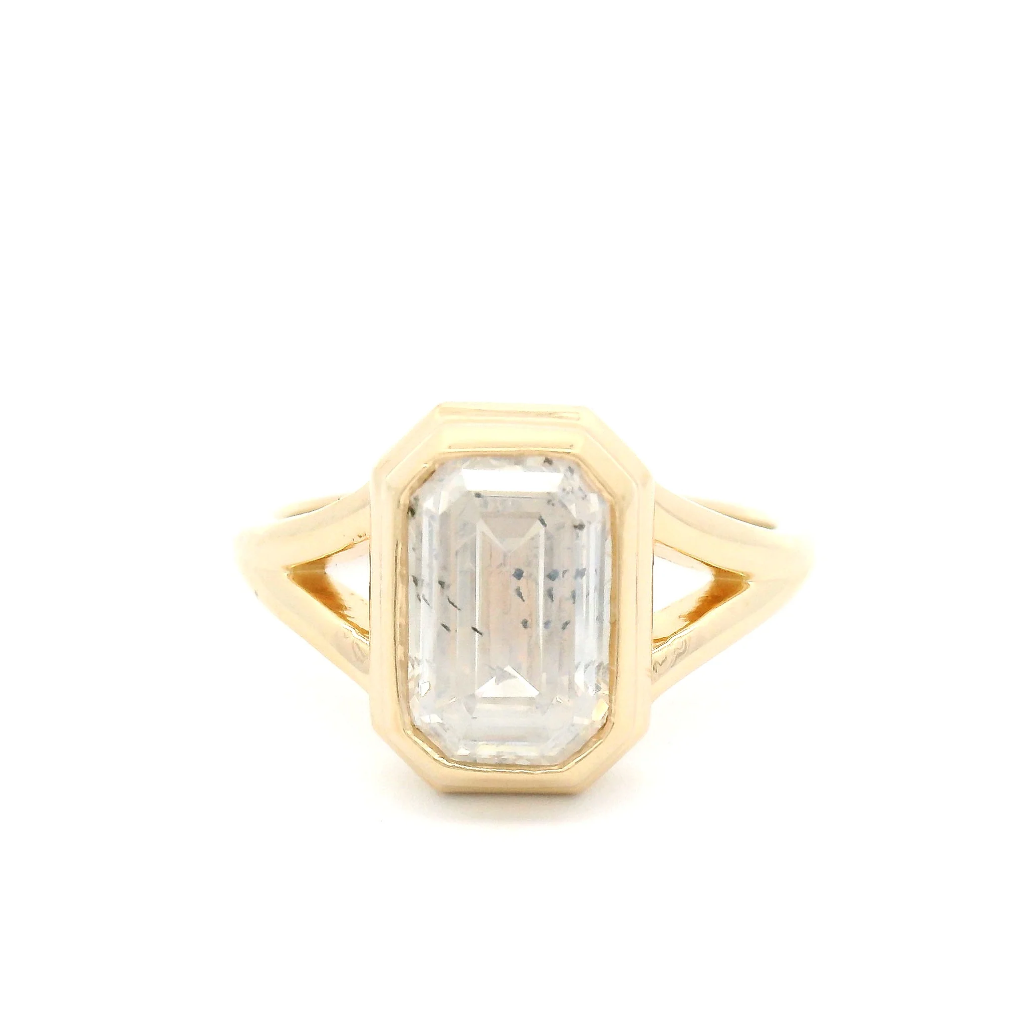 14k Yellow Split-Shank Bezel-Set Solitaire with 2.16ct Fancy White Emerald-Cut Diamond
