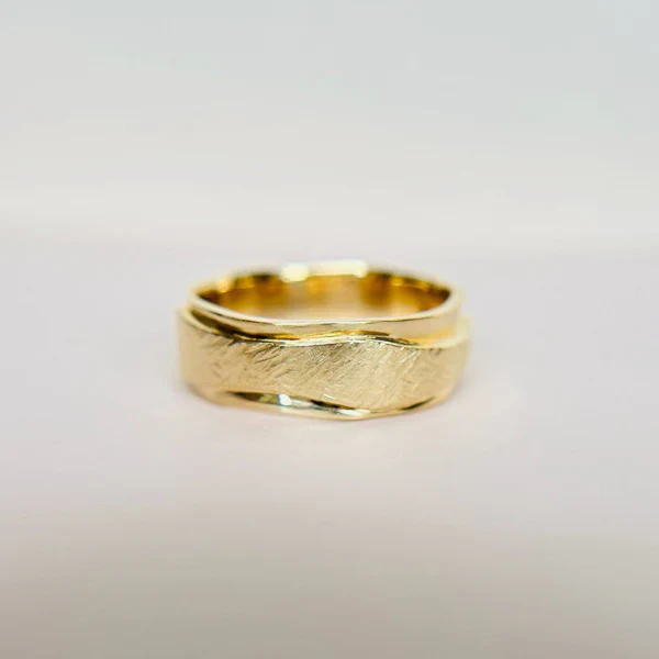 14k Yellow Gold Band 7mm Wide Hand Carved with Textured Ribbon - Image 3