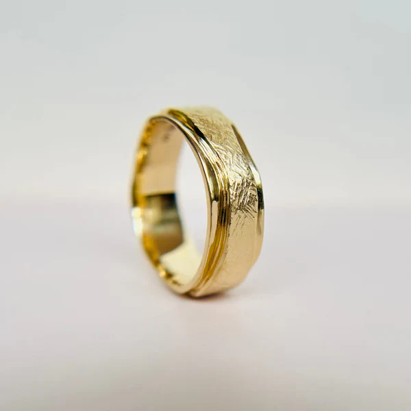 14k Yellow Gold Band 7mm Wide Hand Carved with Textured Ribbon - Image 4