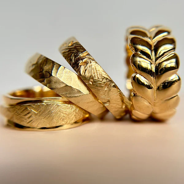 14k Yellow Gold Band 7mm Wide Hand Carved with Textured Ribbon - Image 5