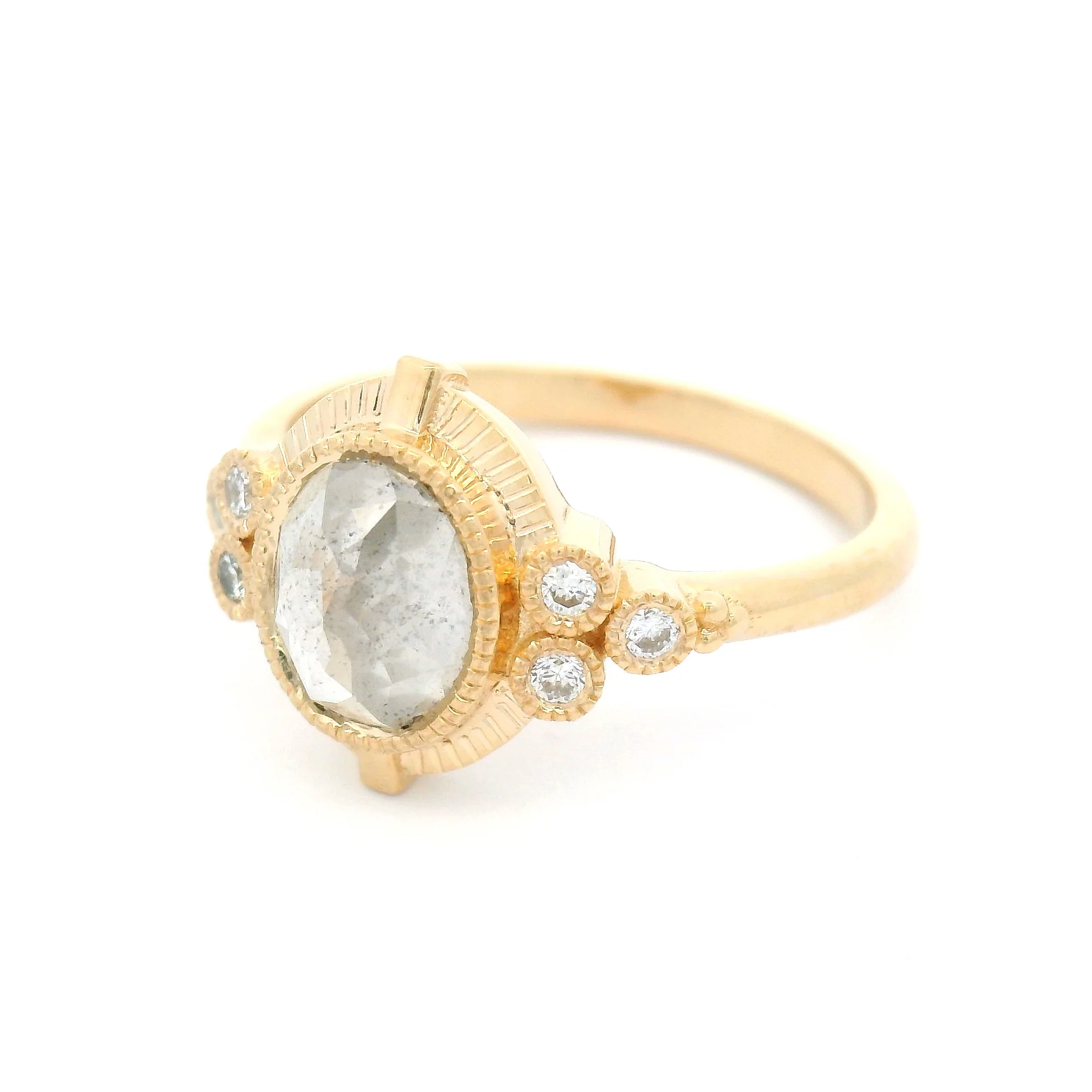 14k Yellow Ring with 1.66ct Natural Icy Oval Rose-Cut Diamond and Natural Accent Diamonds - Image 2