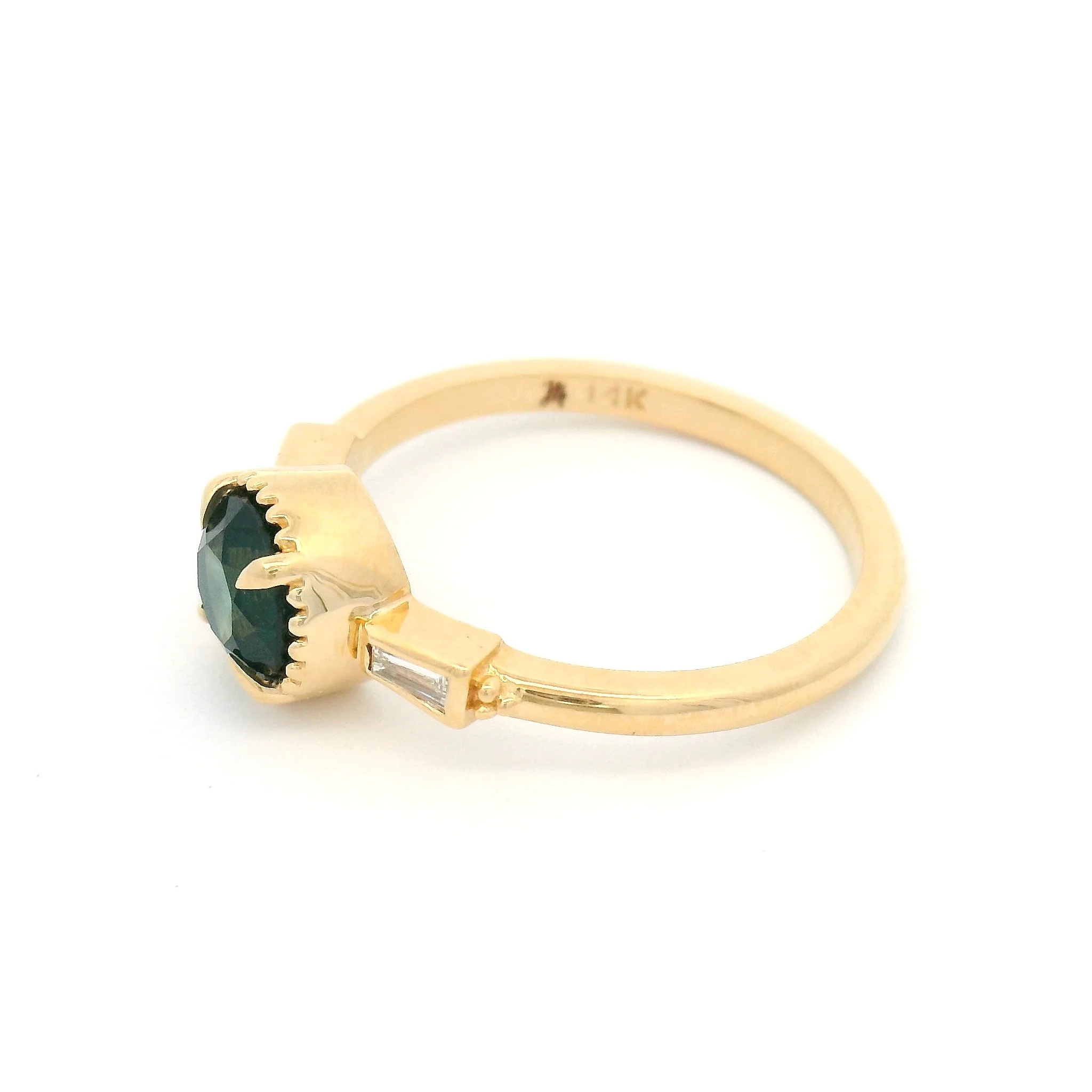 14k Yellow 3-Stone Ring with Natural 1.02ct Green Sapphire and Tapered Baguette Diamonds - Image 3