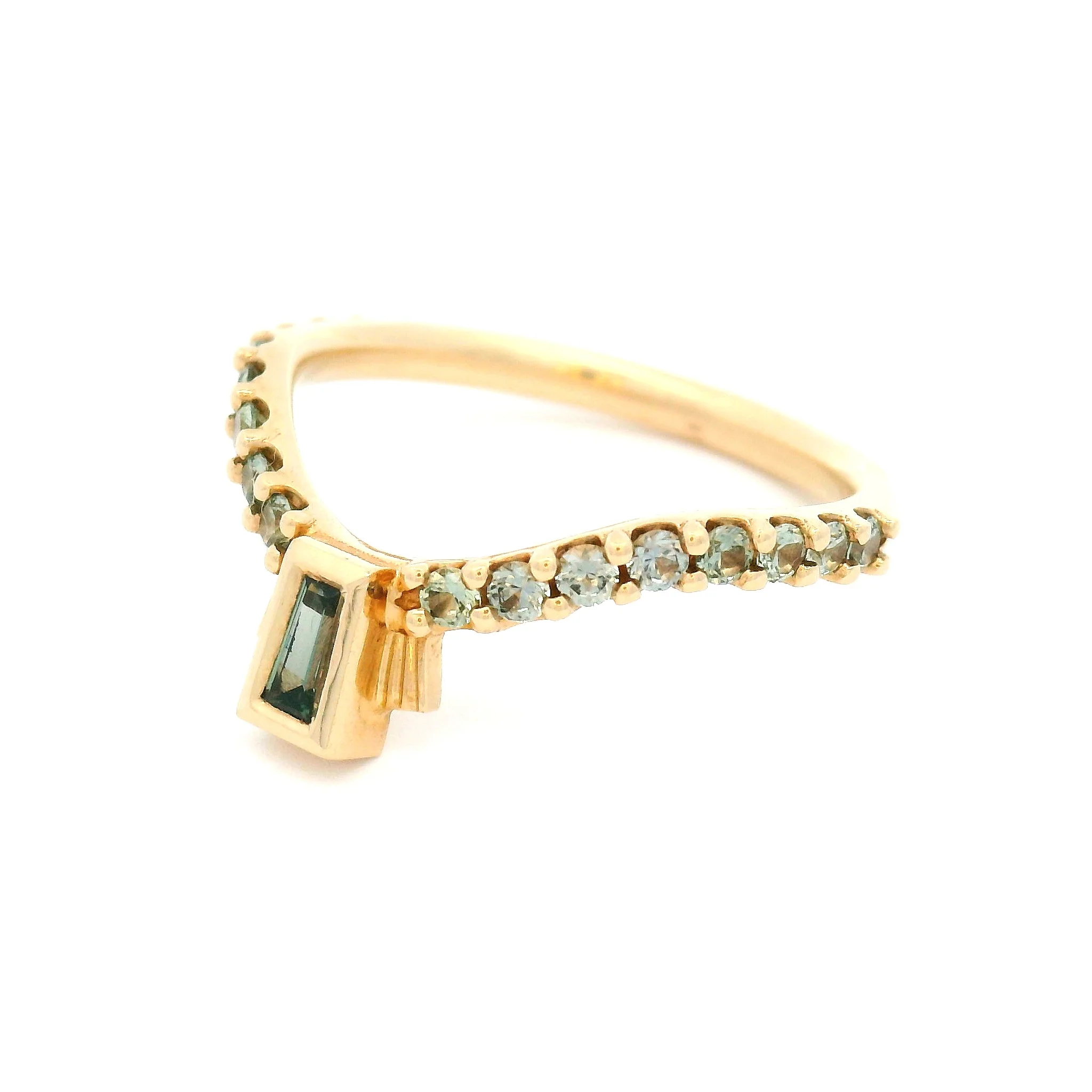 14k Yellow Contoured Band 0.50ct Teal Tapered Sapphire & Green Accent Sapphires - Image 2