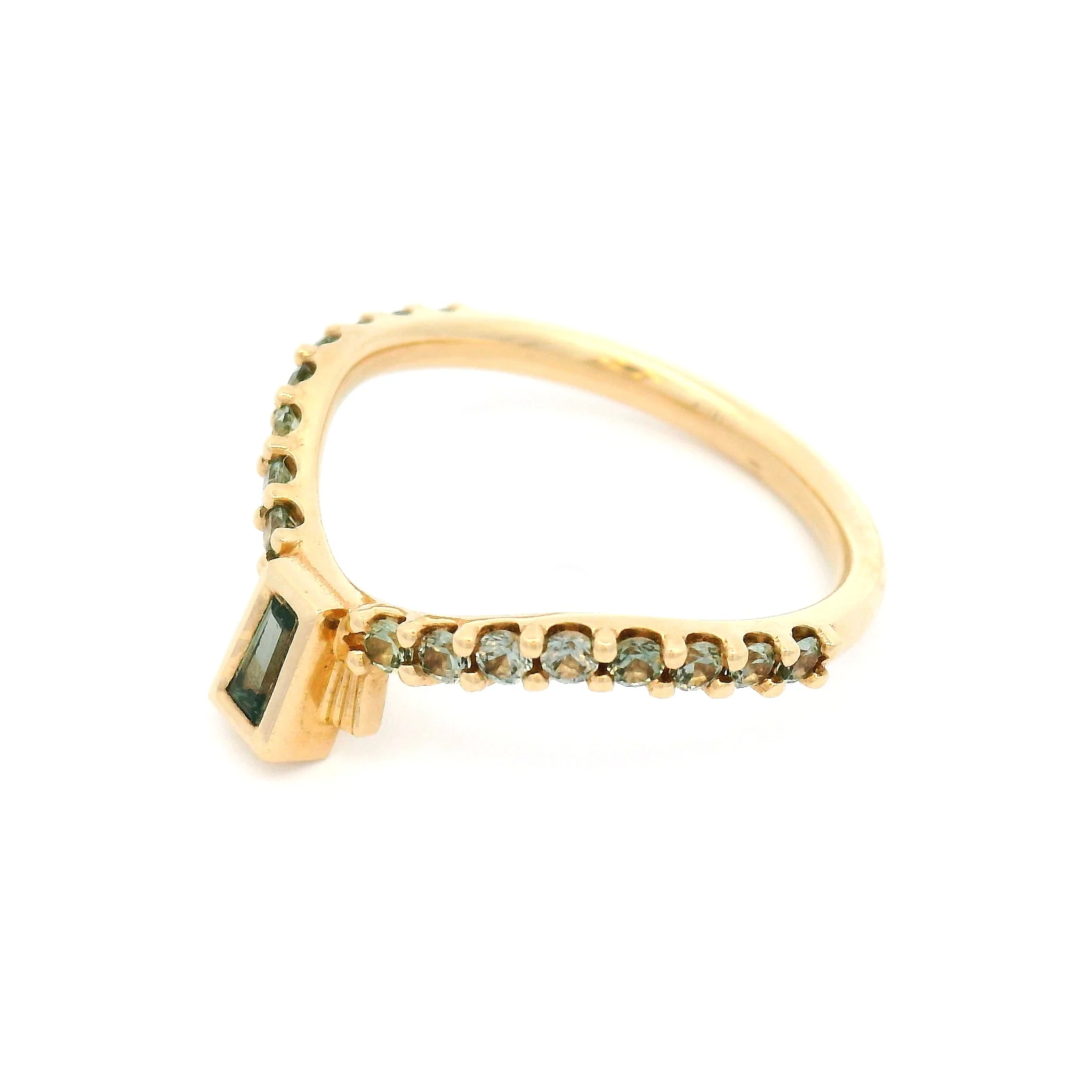 14k Yellow Contoured Band 0.50ct Teal Tapered Sapphire & Green Accent Sapphires - Image 3