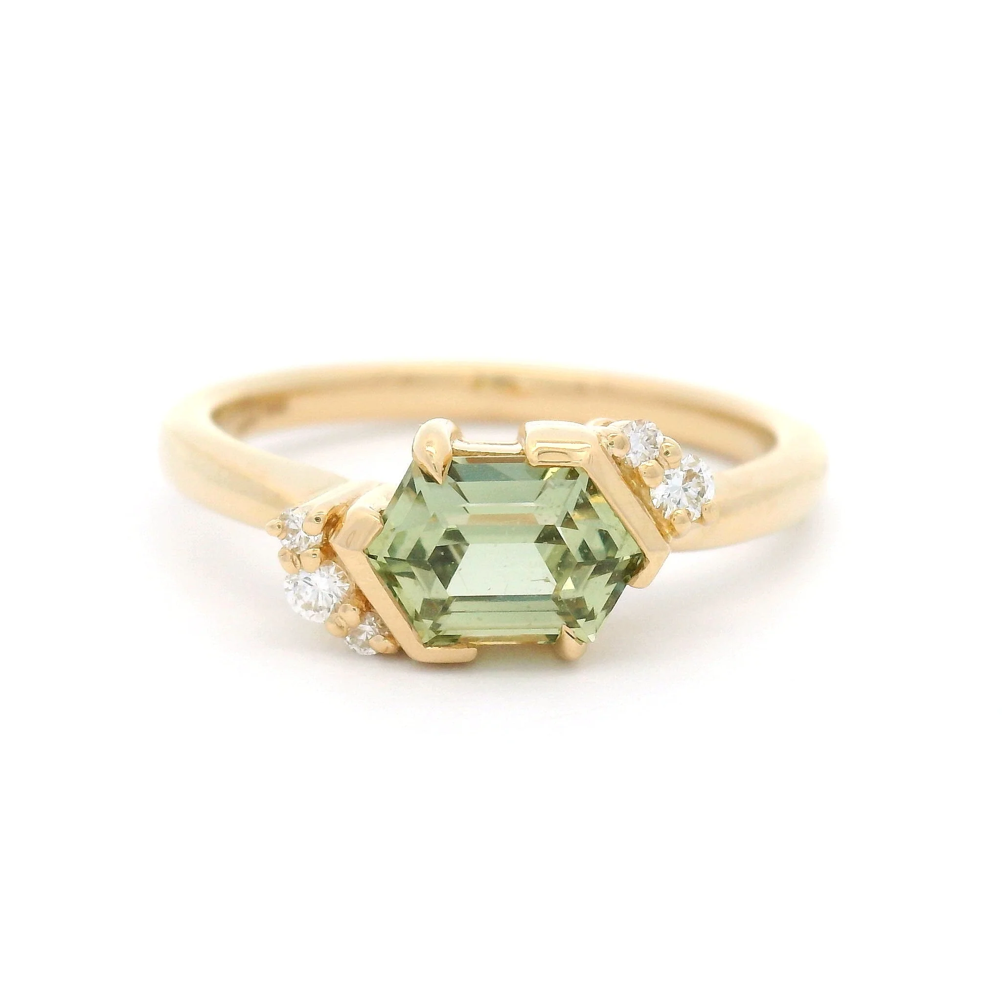 14k Yellow Engagement Ring with 1.17ct Hexagonal Green Sapphire & Accent Diamonds