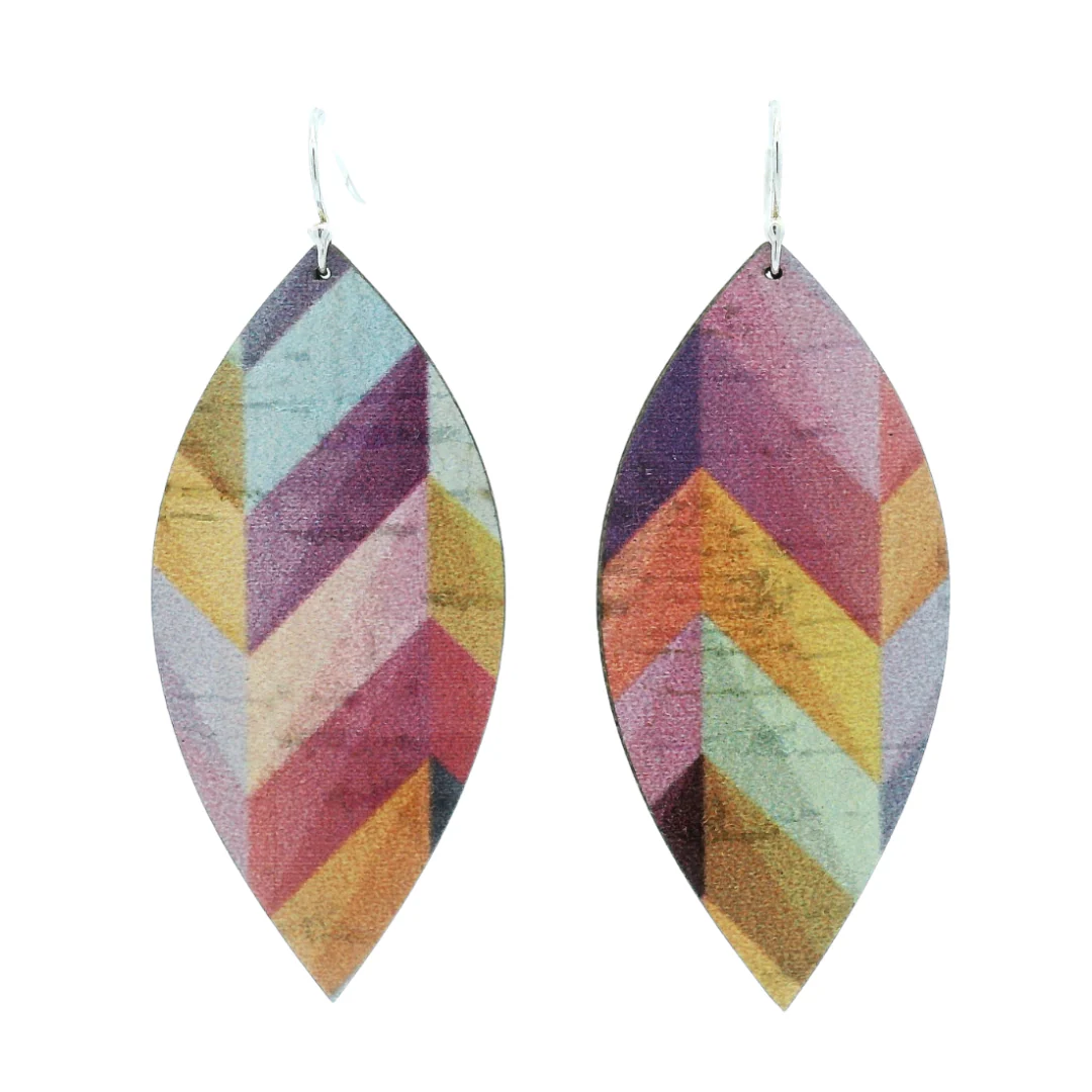 Large Pink Herringbone Leaf Cork Earrings