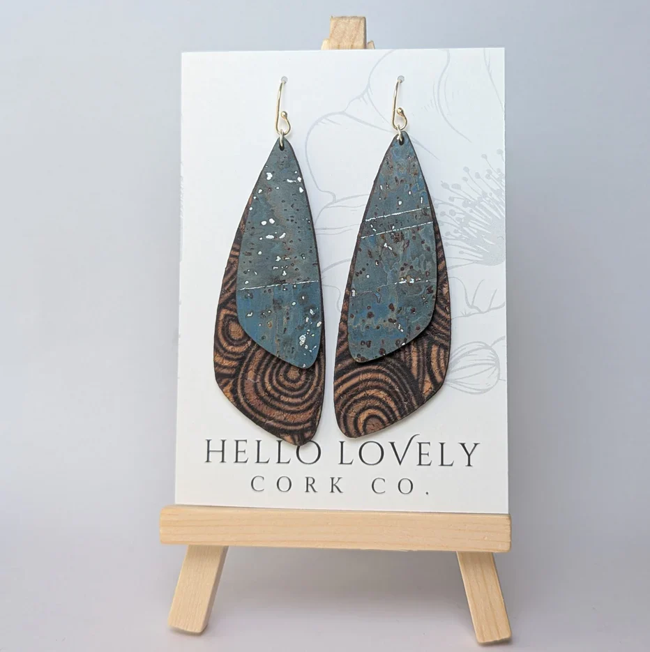 Large Sea Blue and Woodgrain Double Cork Wing Earring