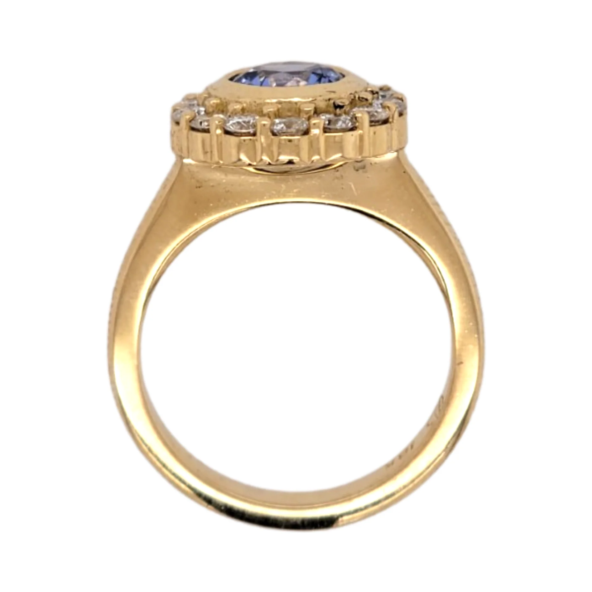 18k Yellow Bezel Set Halo Ring with 0.98ct Round Blue Sapphire and Accent Diamonds - Image 3
