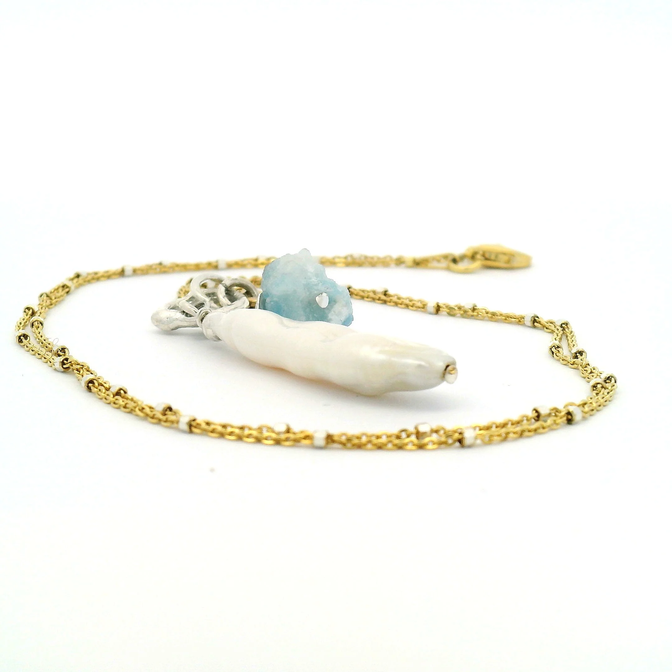 Long Pearl Aquamarine Charm Pendant - Image 5