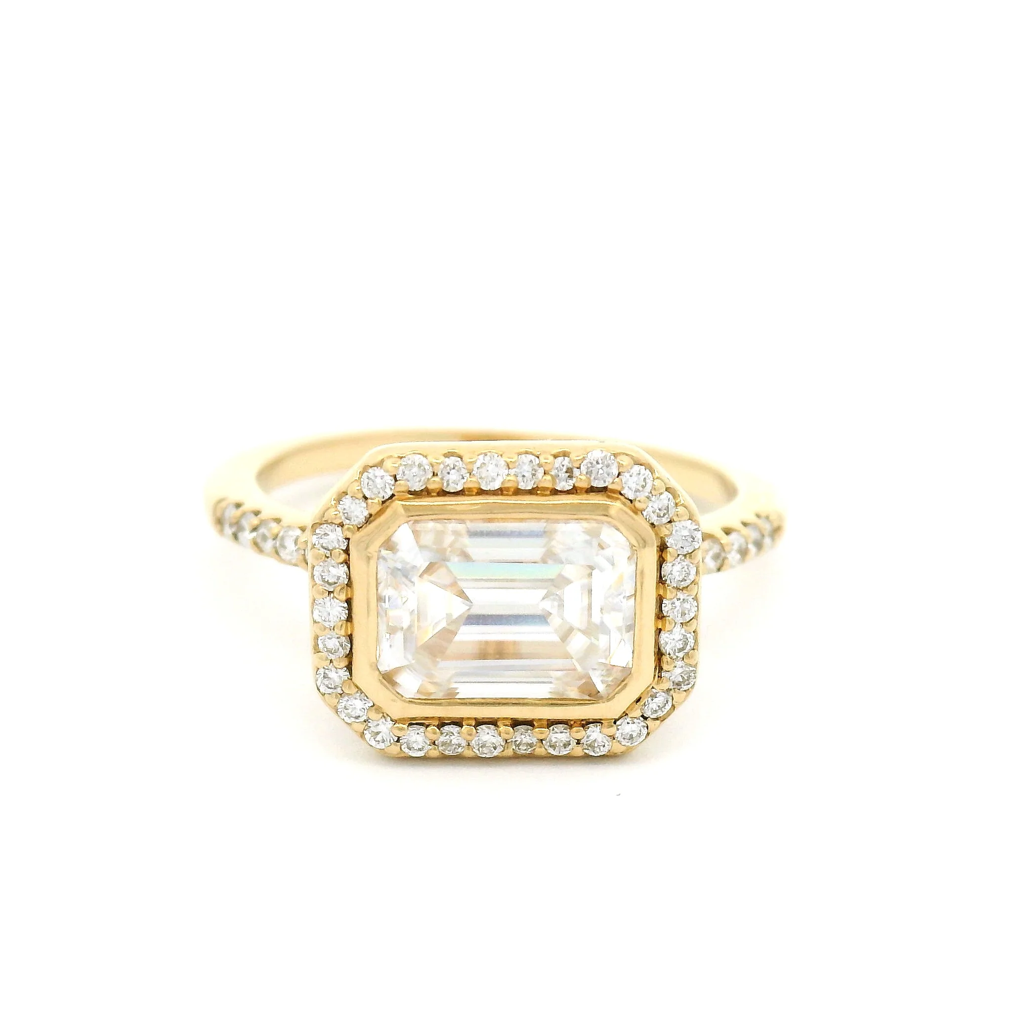 14k Yellow Moissanite Emerald Cut East-West Halo Engagement Ring