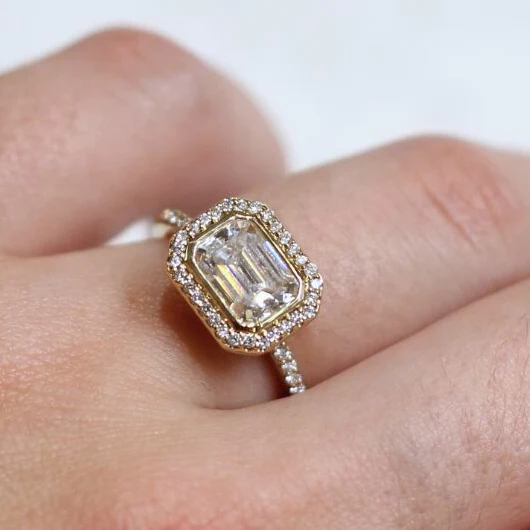 14k Yellow Moissanite Emerald Cut East-West Halo Engagement Ring - Image 4