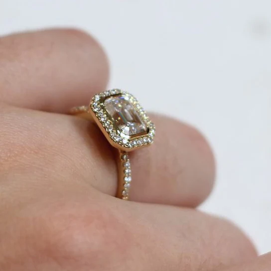 14k Yellow Moissanite Emerald Cut East-West Halo Engagement Ring - Image 6