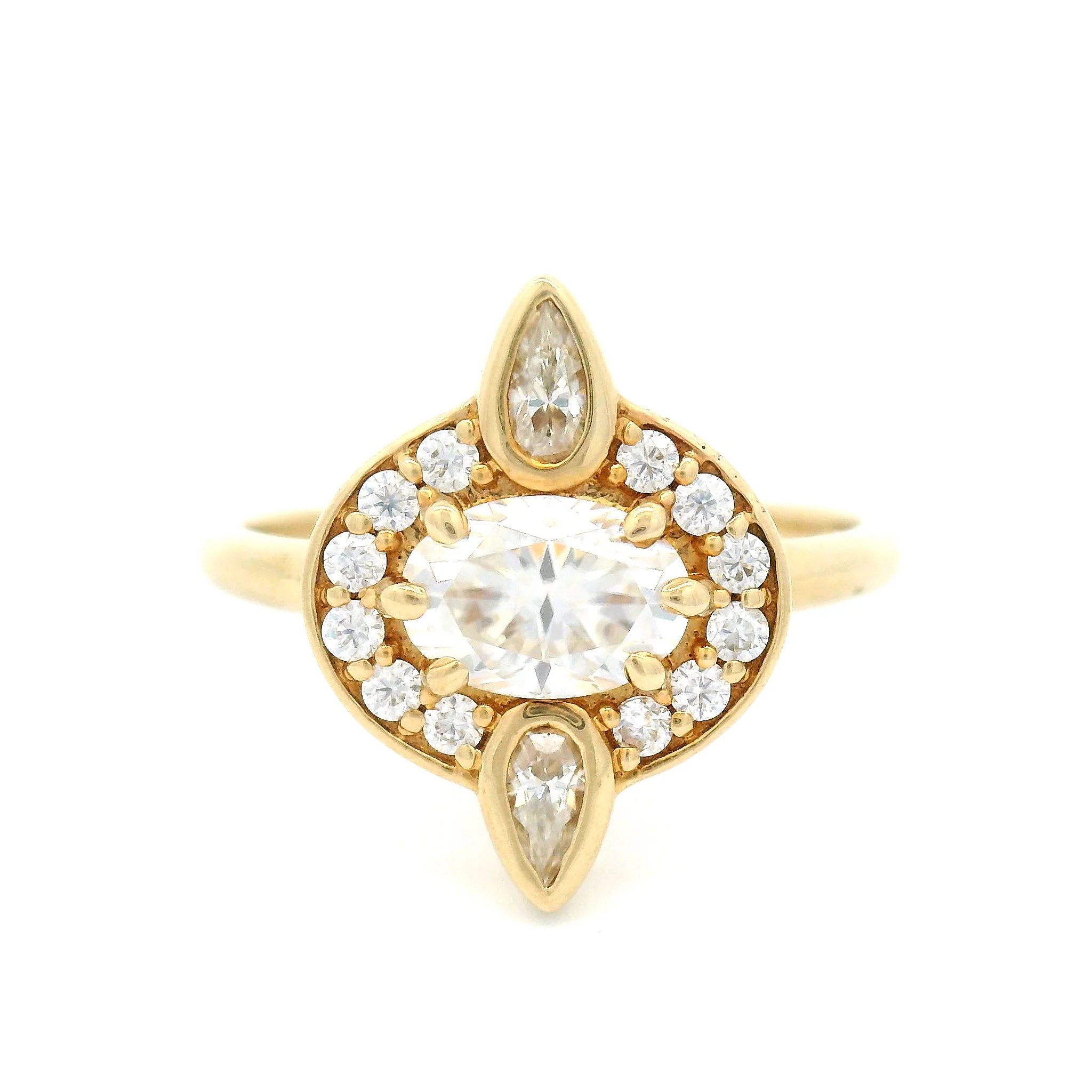 Rene - 14k Yellow Ring with Oval Moissanite, Accent Halo and Pear-Cuts