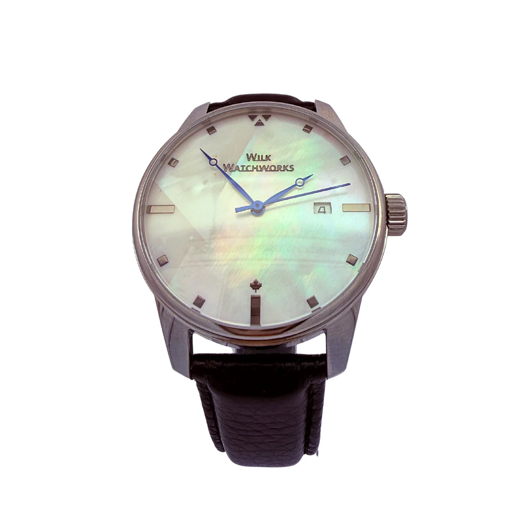 Mother of Pearl Automatic Black Leather Watch - Image 3