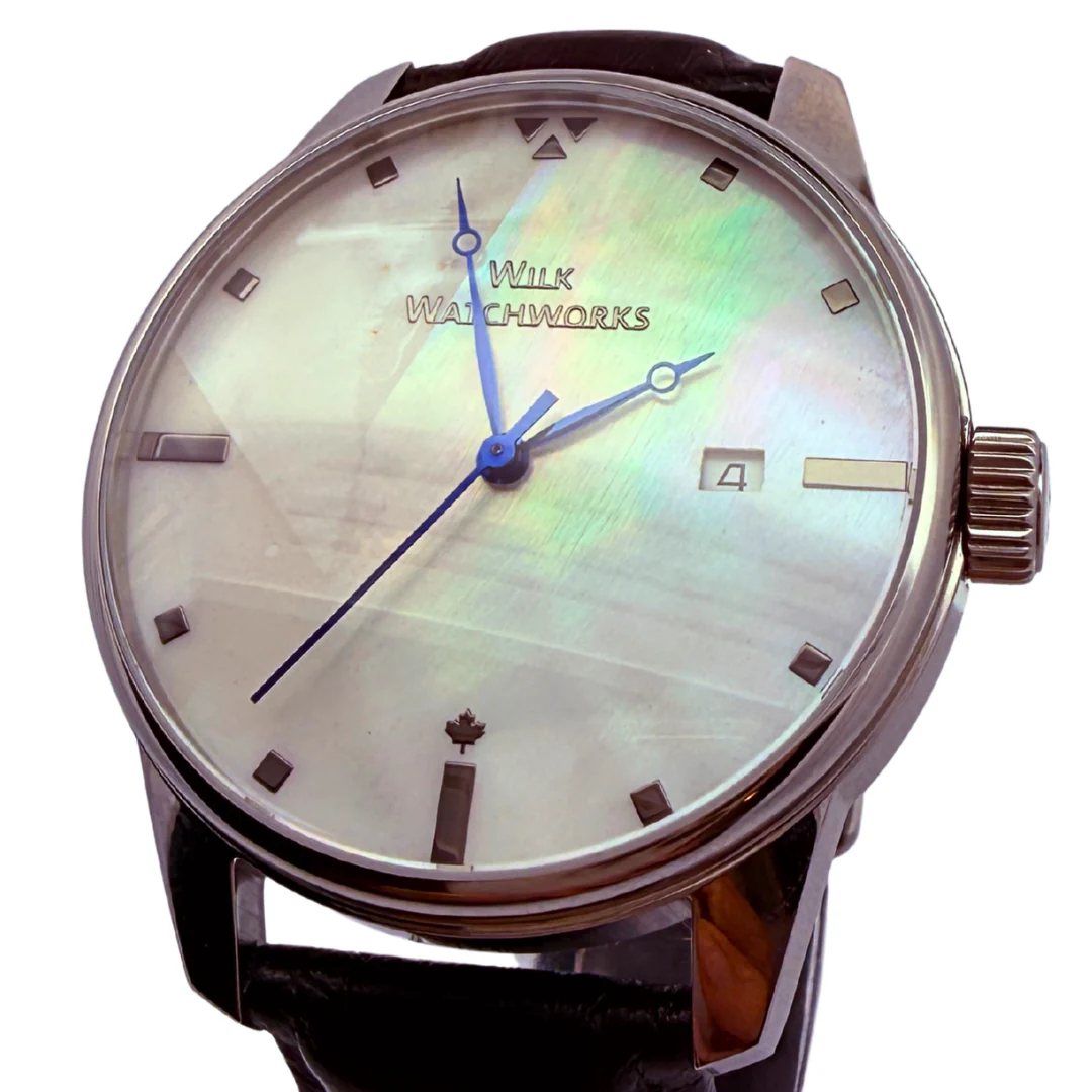 Mother of Pearl Automatic Black Leather Watch - Image 4