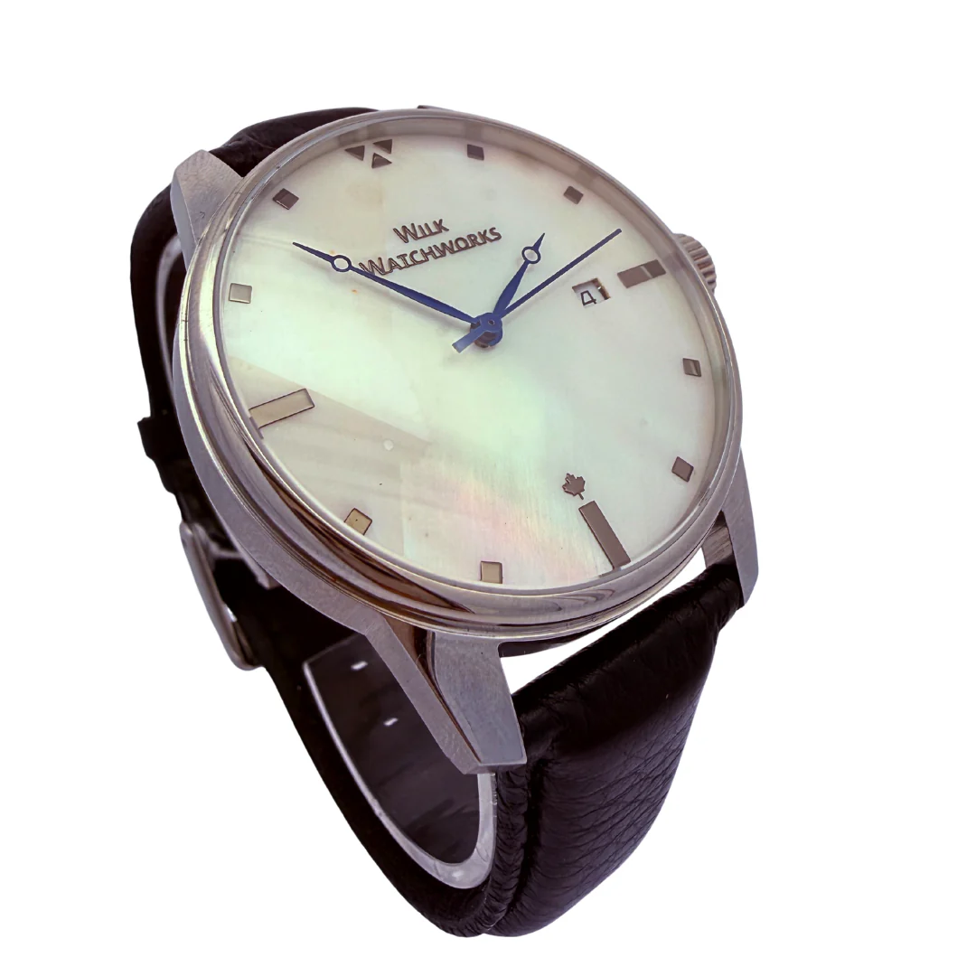 Mother of Pearl Automatic Black Leather Watch - Image 5