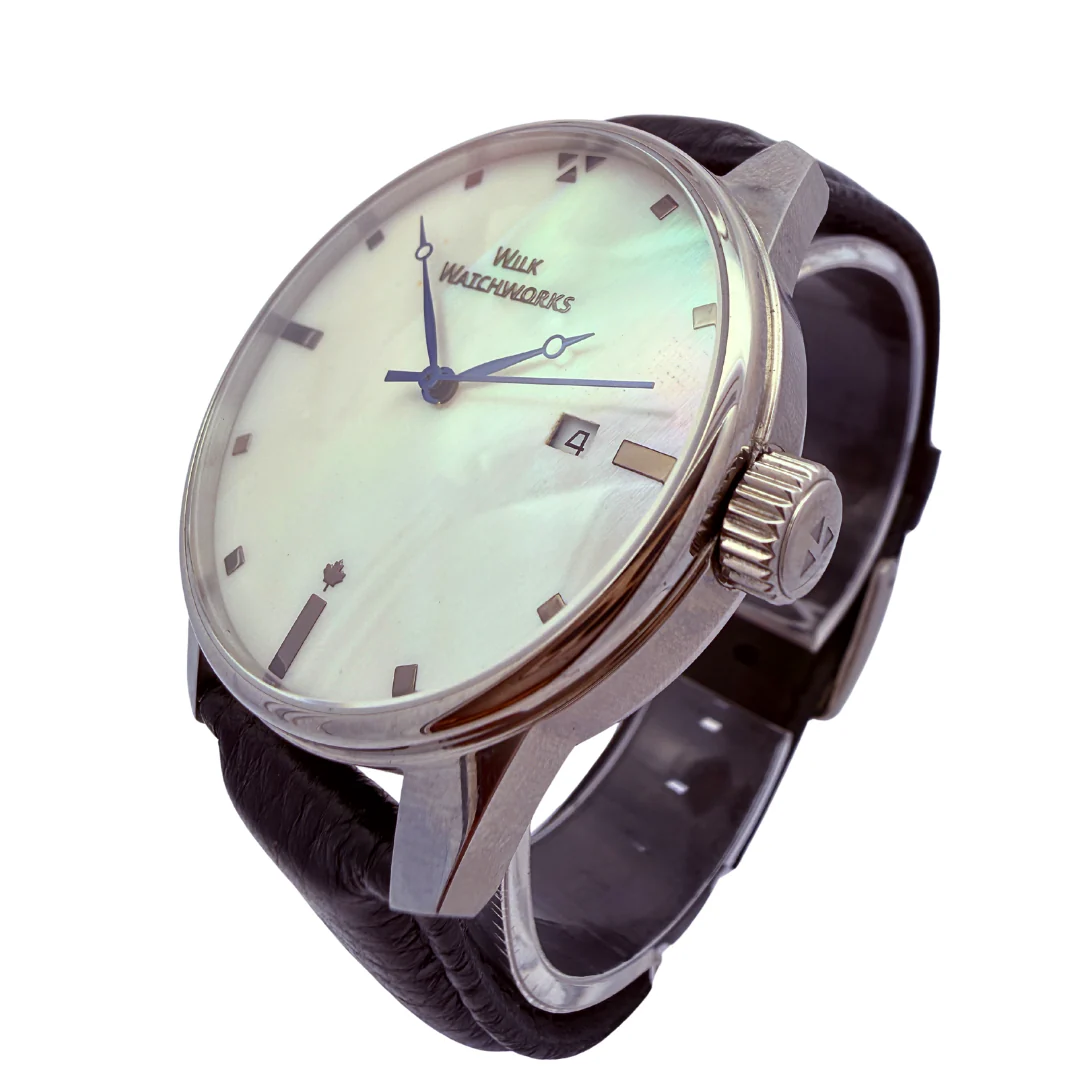 Mother of Pearl Automatic Black Leather Watch - Image 6