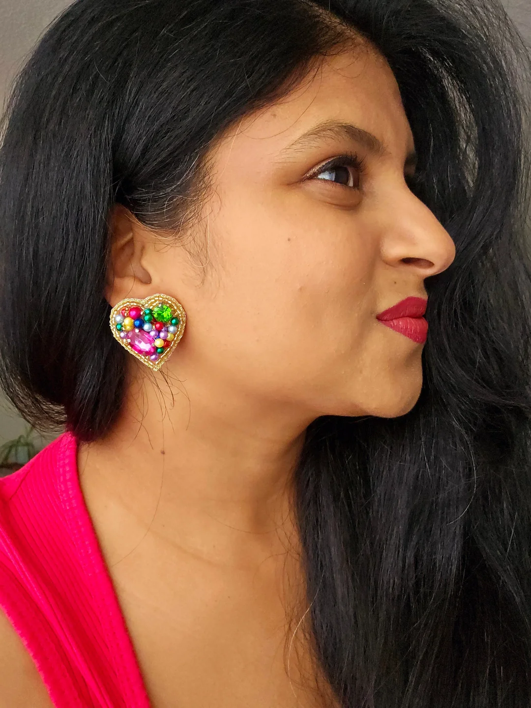 Multicoloured Heart Stud Earrings - Hand Embroidered - Image 2