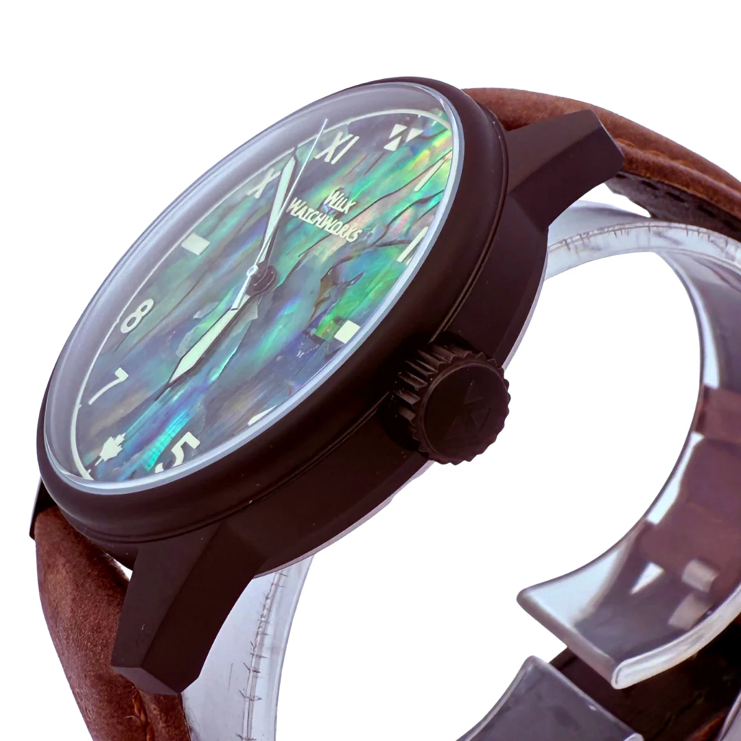 Paua Shell Brown Leather Mechanical Watch - Image 5