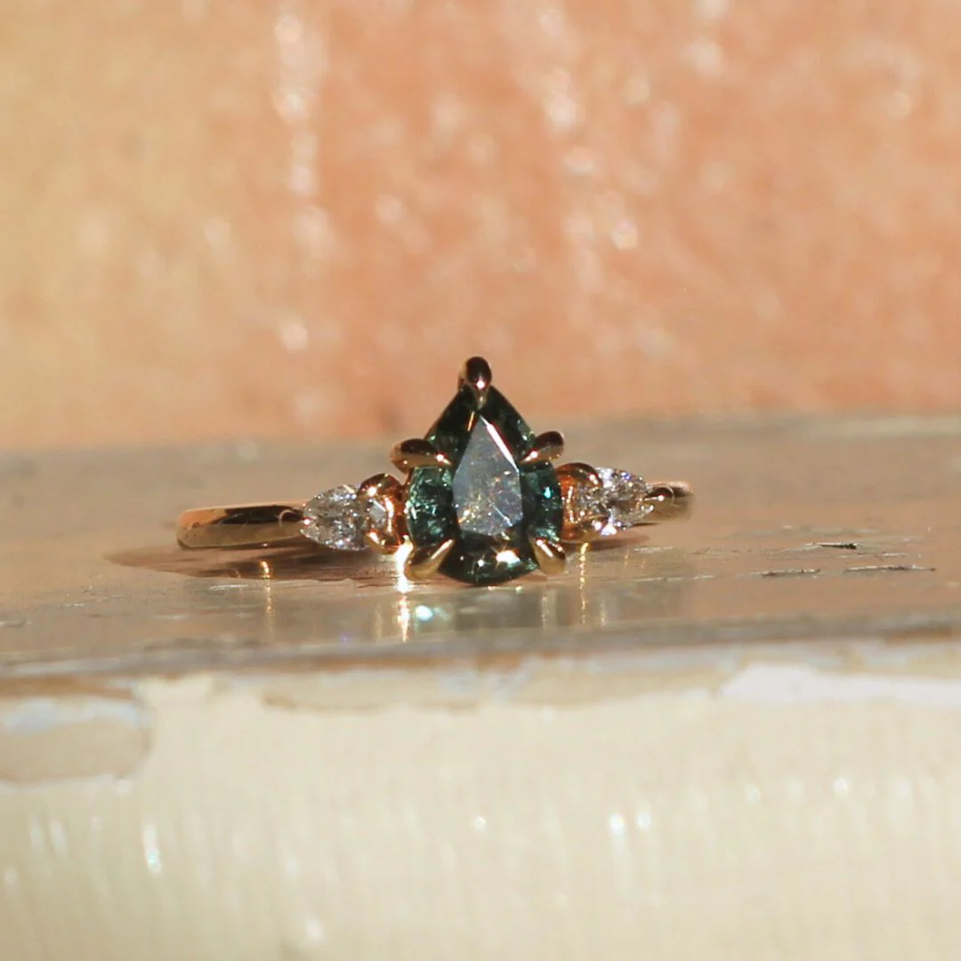Pear-cut Green Sapphire & Diamond Engagement Ring - Image 2
