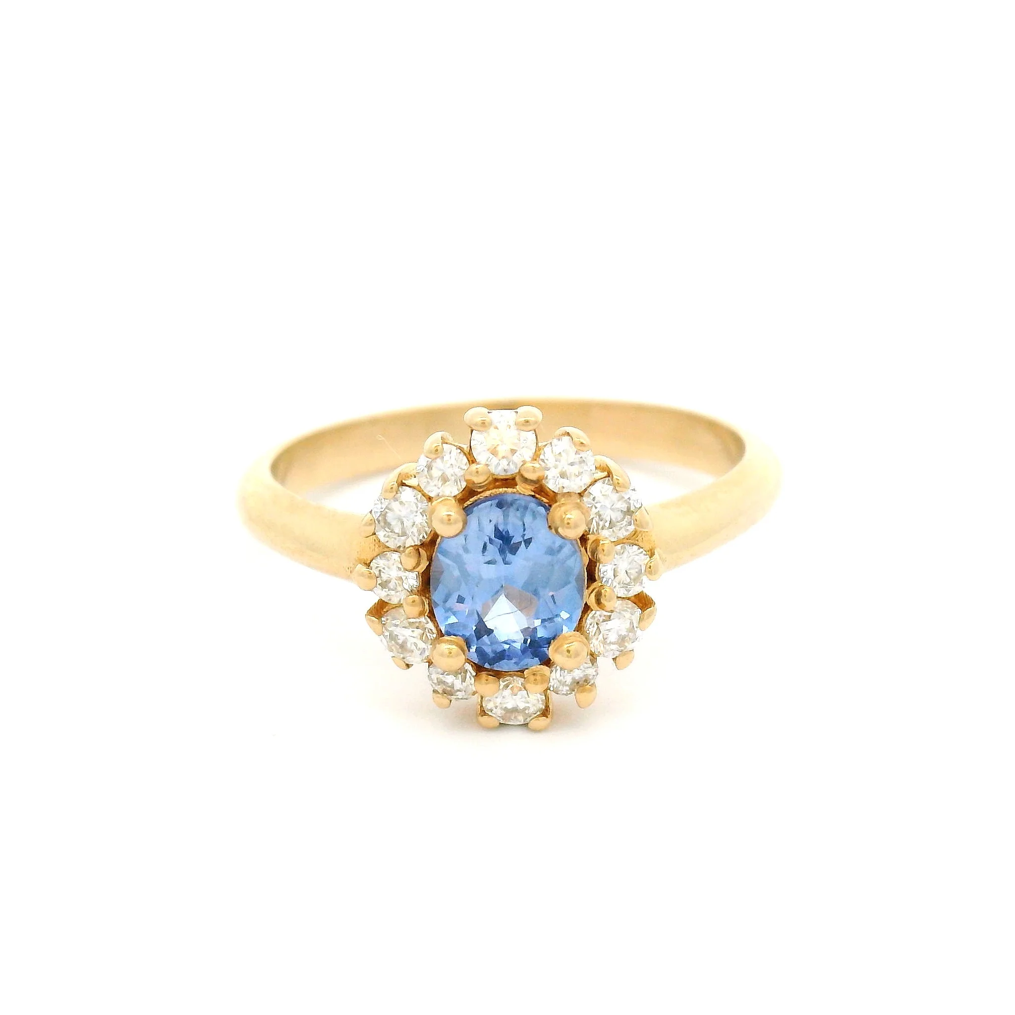 Azzurra - 14k Yellow Ring with 0.80ct Oval Blue Sapphire Surrounded By Accent Moissanites
