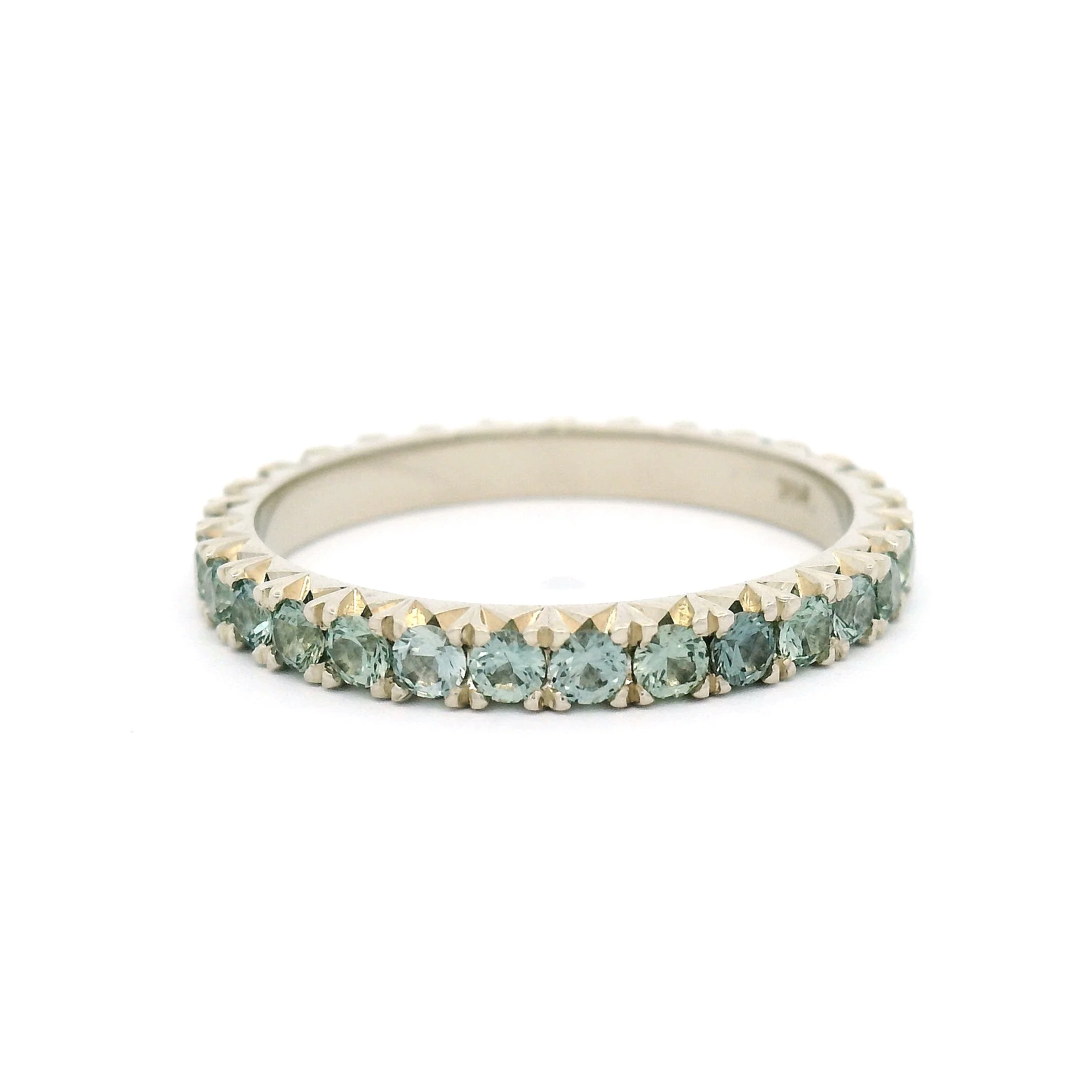 14k White Gold Eternity with 1.2cts Bead-Set Natural Round Greenish-Blue Sapphires