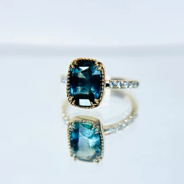 14k Yellow Ring with 2.48ct Teal Sapphire and Accent Diamonds