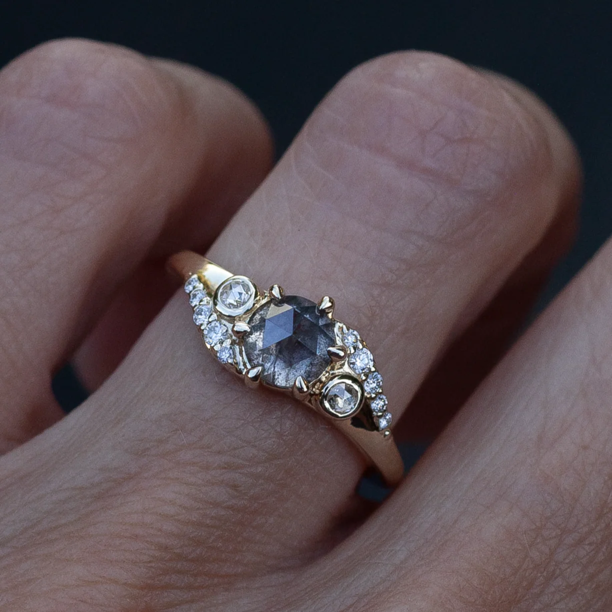 14k Yellow Engagement Ring with 0.98ct Rose-Cut Salt & Pepper Diamond and Accent Diamonds - Image 4