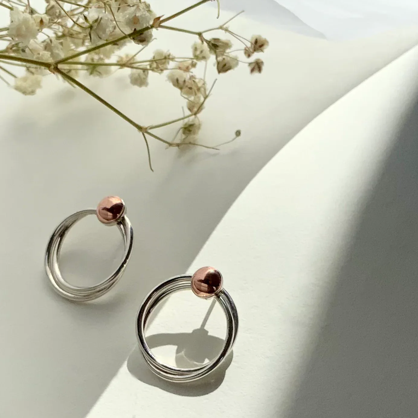 Silver and Copper Hoop Dot Earrings - Image 2