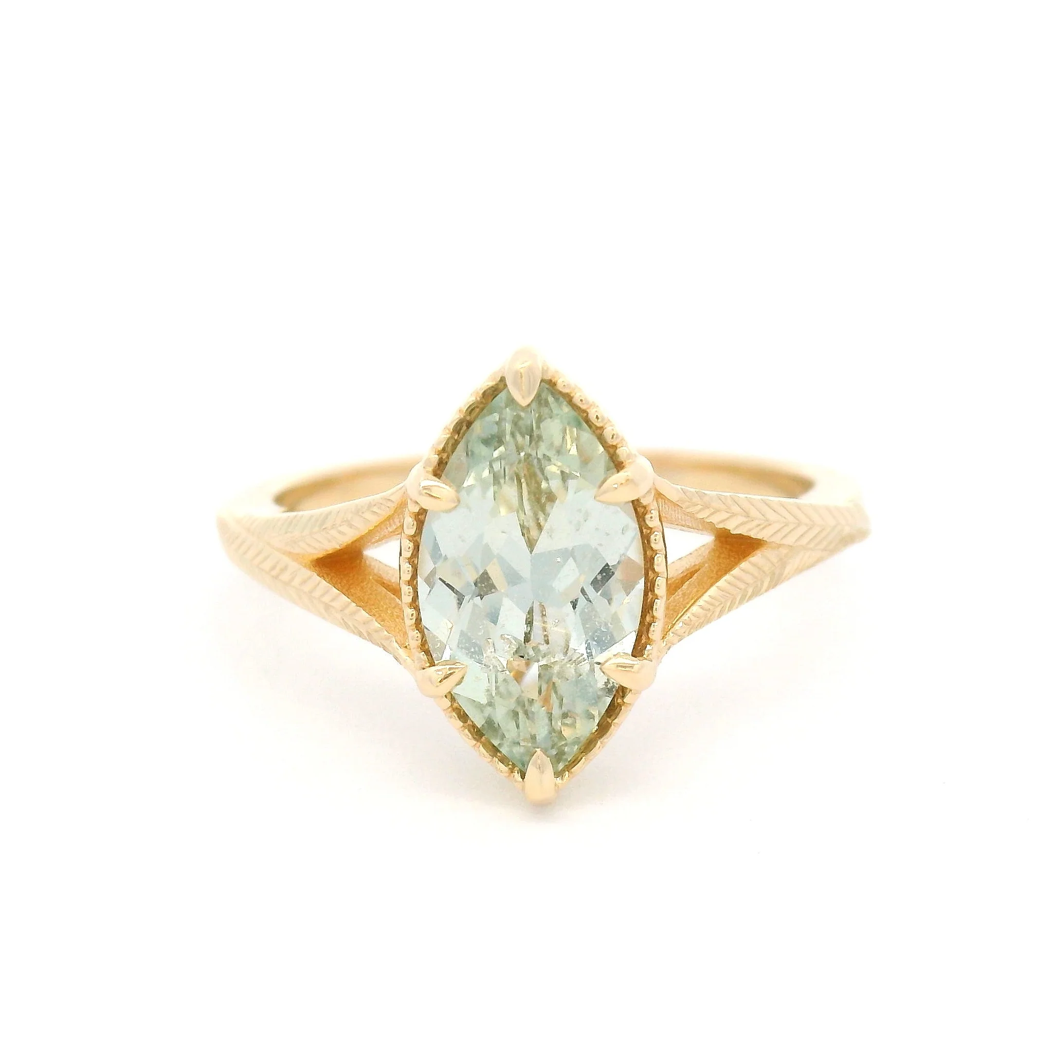 14k Yellow Split-Shank Engraved Solitaire with 1.71ct Natural Mint Marquise Sapphire
