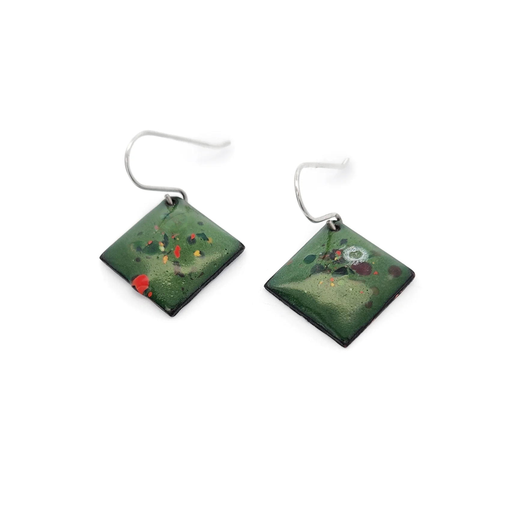 Square Green Enamel Confetti Earrings