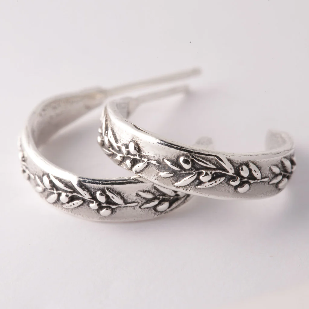Sterling Silver Olive Branch Hoop Earrings - Image 2
