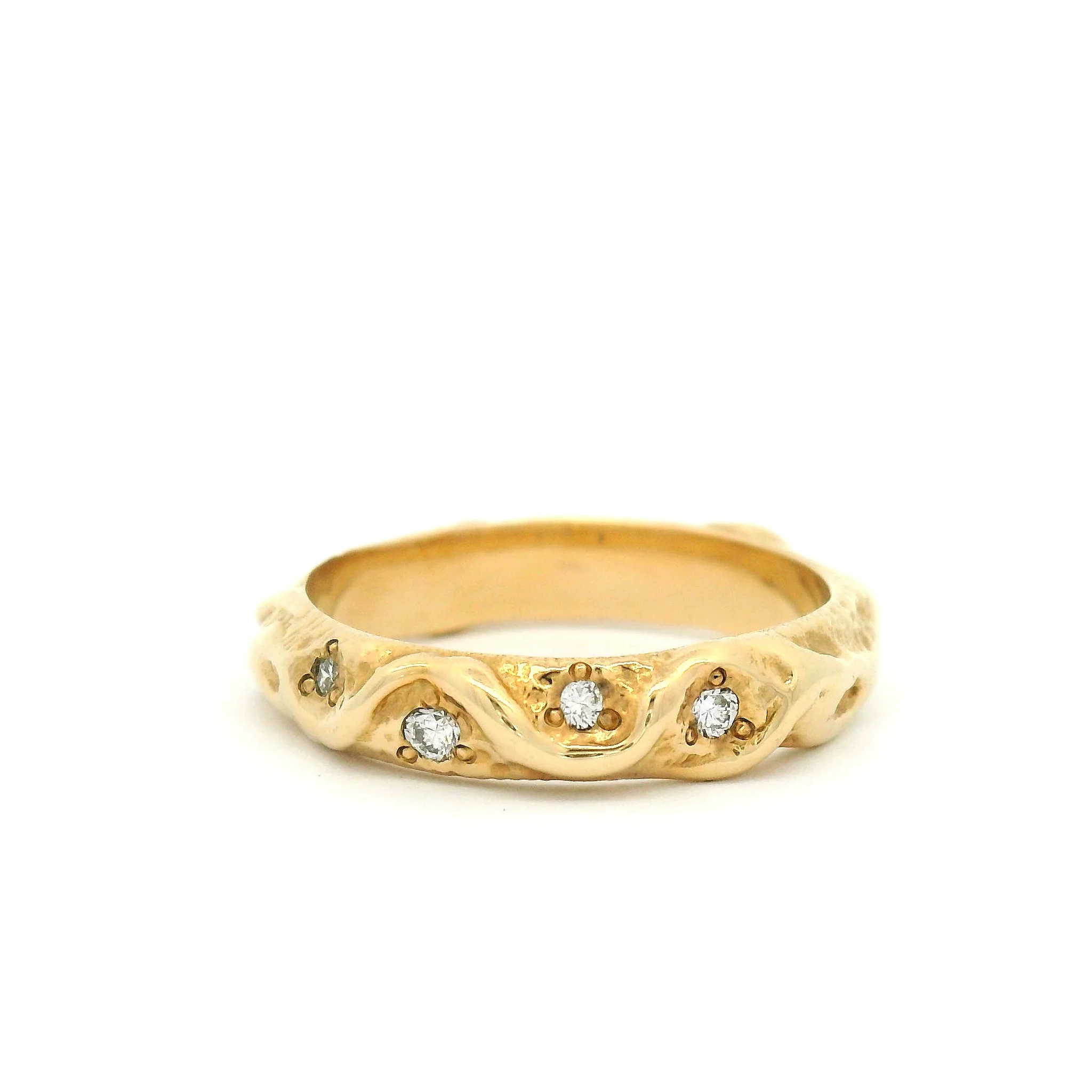 Tangles - 10k Yellow Textured Wedding Band with Accent Diamonds
