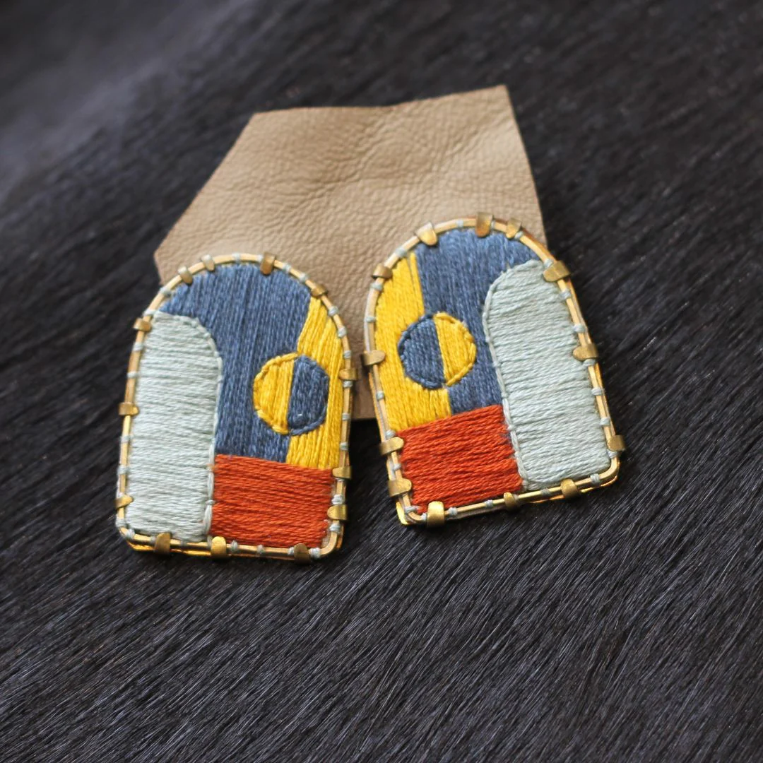 Textile Fabric Blue, Yellow, Red Arch Earrings - Image 3