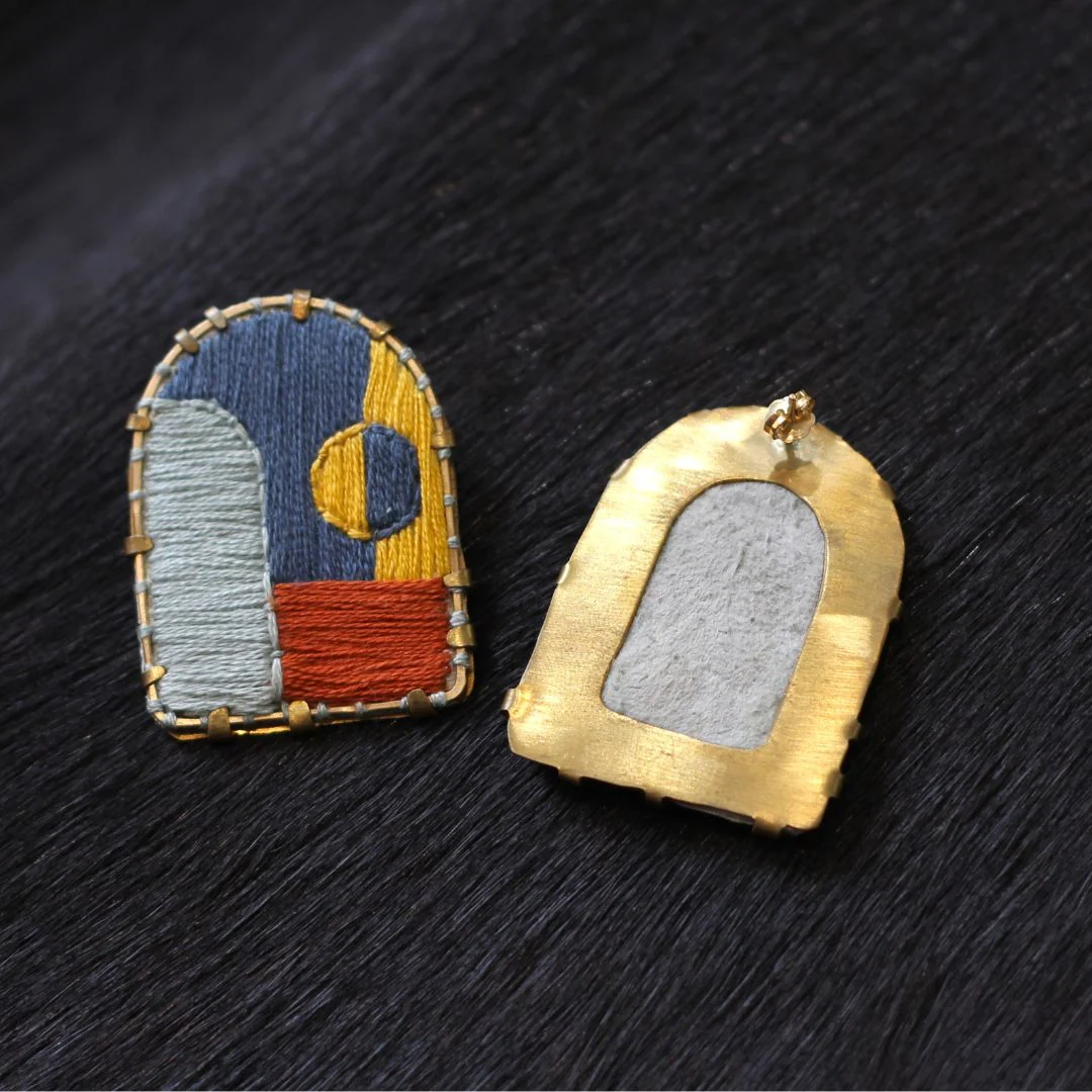 Textile Fabric Blue, Yellow, Red Arch Earrings - Image 4