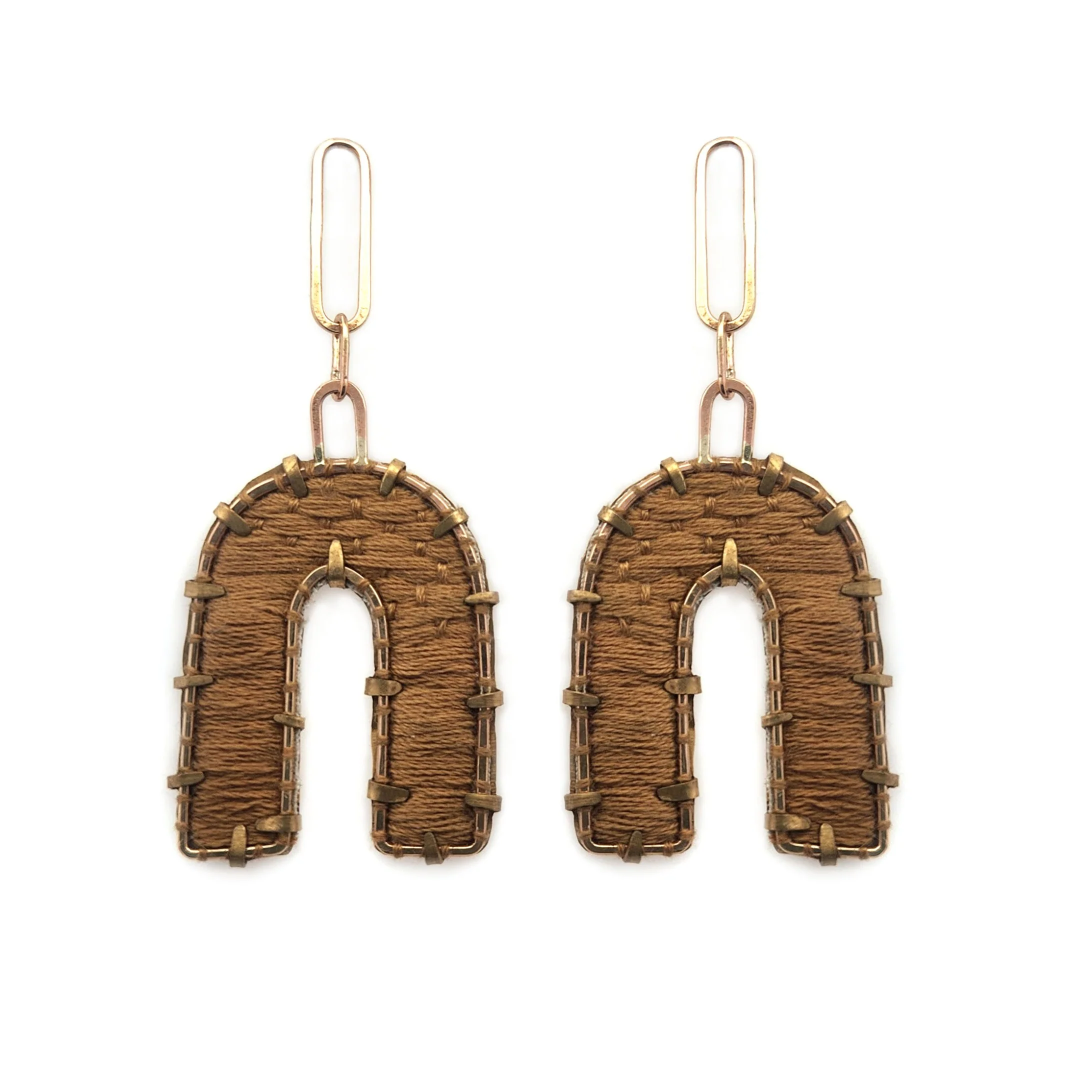 Textile Fabric Brown Arch Earrings