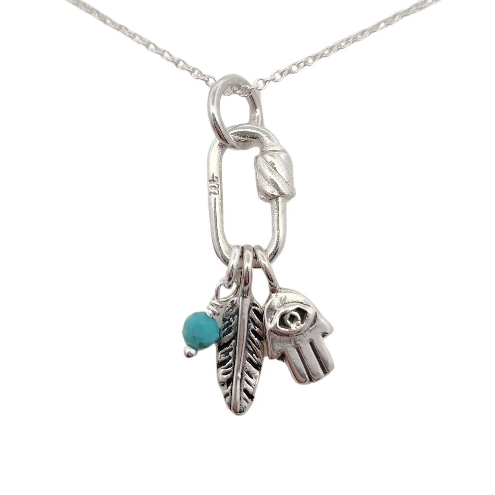 Turquoise, Feather & Hand Charm Necklace