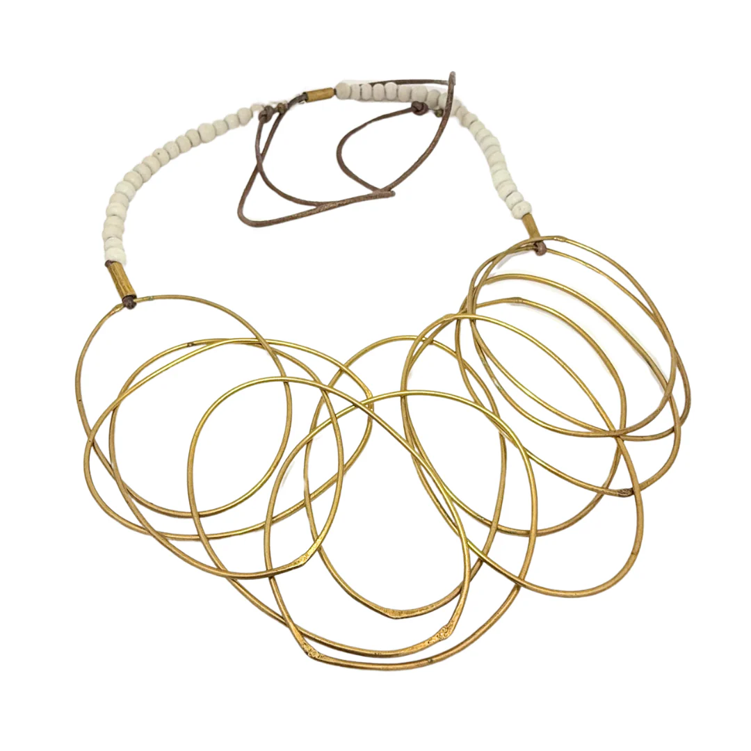 White Beaded Necklace with Organic Brass Rings