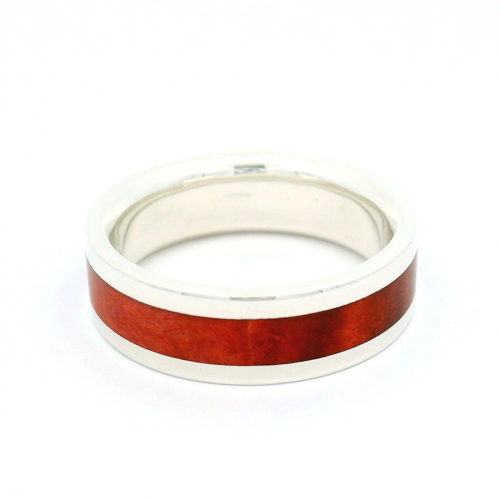 Sterling Silver 6.5mm Wide Band with Inlayed Red Burled Maple - Image 3