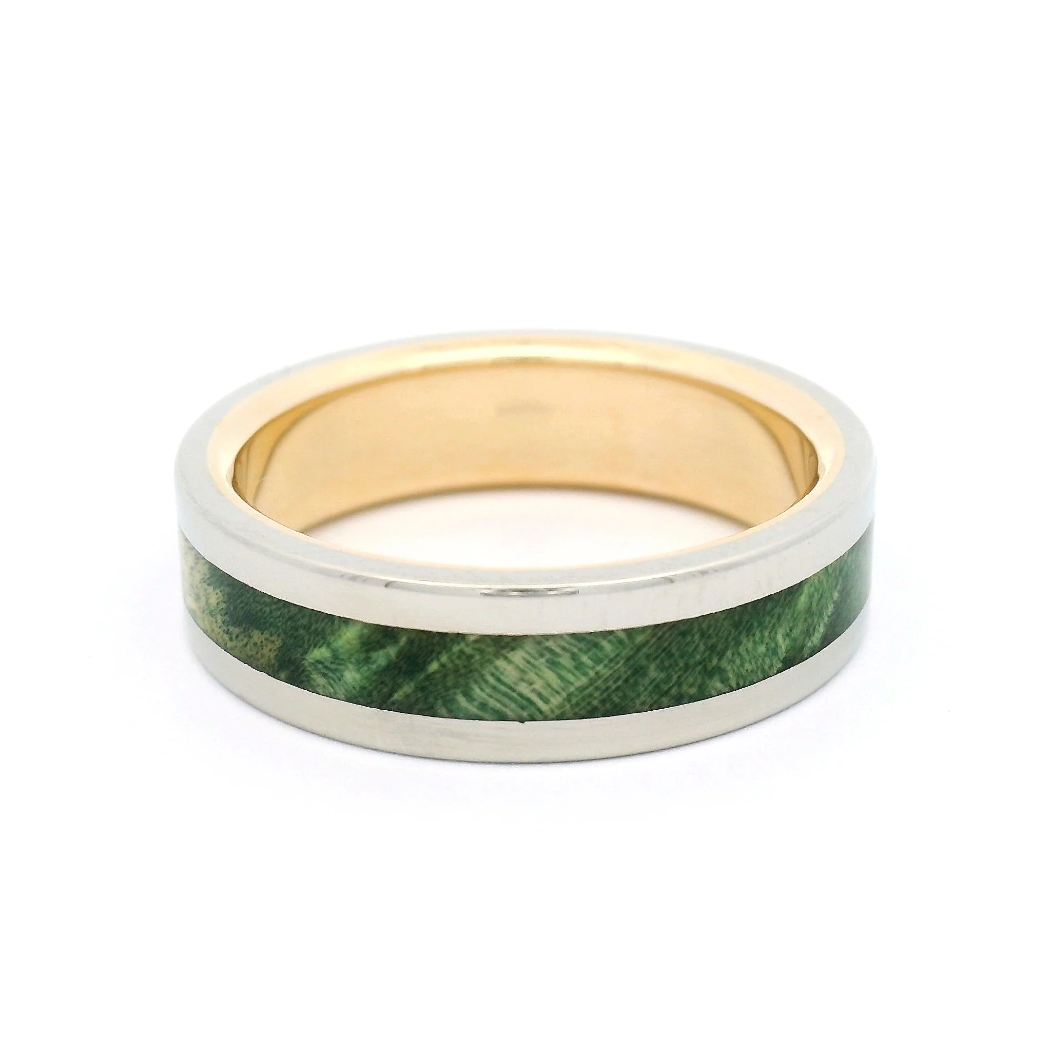 10k White and Yellow 6mm Wide Band with Inlayed Green Burled Maple - Image 2