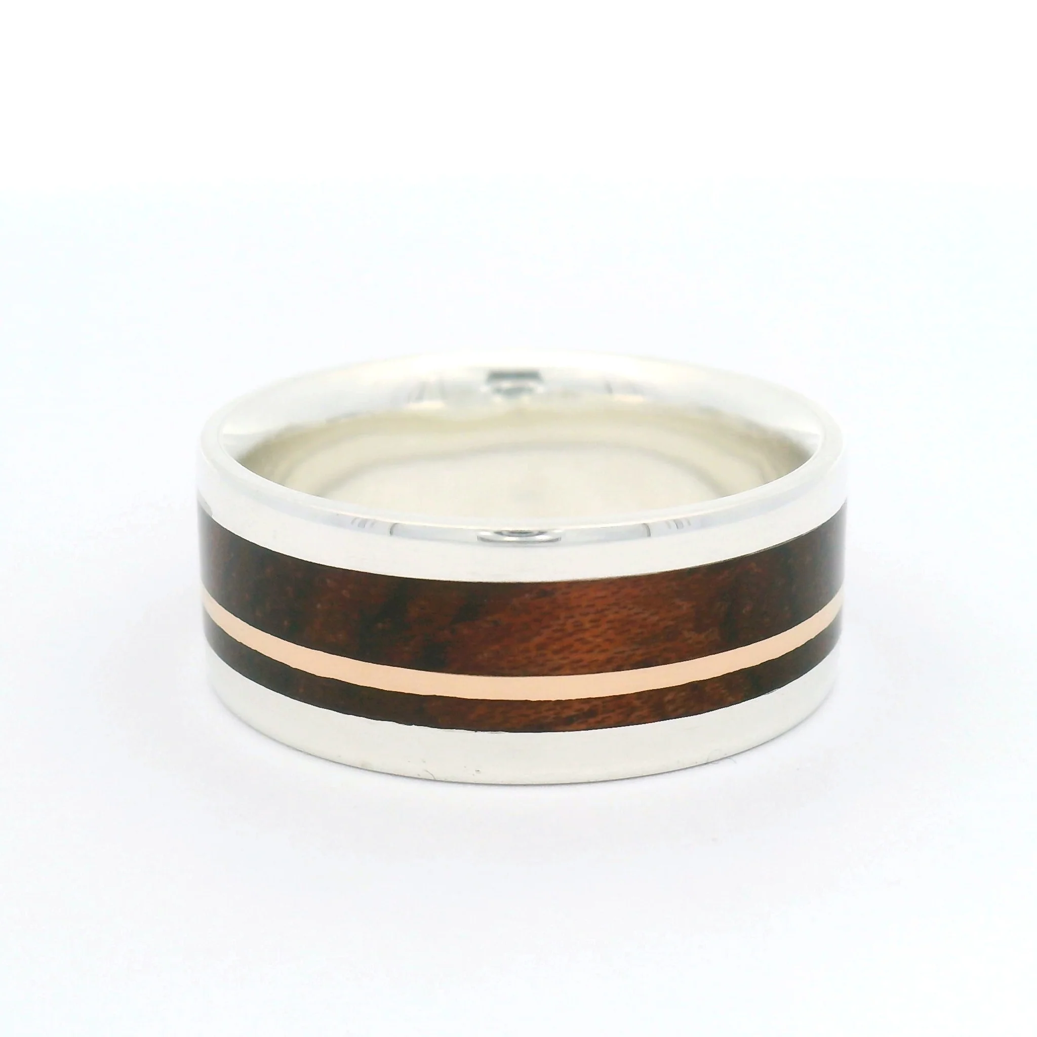 Sterling Silver 8.5mm Wide Band with Inlayed 10k Rose Gold and Padauk Wood - Image 2