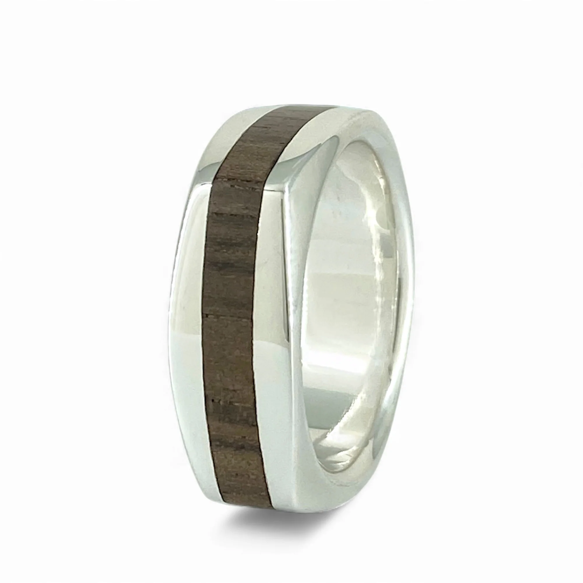 Sterling Silver 8mm Wide Soft Square Band with Inlayed Walnut Wood